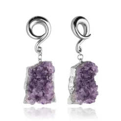 Ciężarki do uszu z fioletowym ametystem - para - srebrne - PT-182