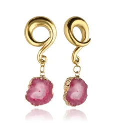 Ciężarki do uszu z różowym agatem - złote - para - PT-185