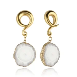 Ciężarki do uszu z szarobiałym agatem - złote - para - PT-185