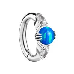 Kolczyk clicker do pępka z niebieskim opalem i białymi cyrkoniami - CoCr NF - srebrny - KP-008