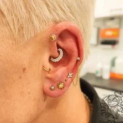 Kolczyk clicker złoty z białymi Premium Zirconia - CoCr NF - K-043