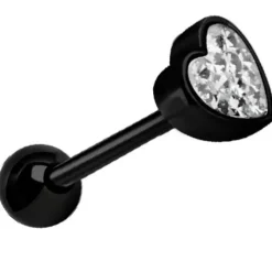 Kolczyk do języka czarne serduszko z białymi kryształkami - KJ-008