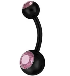 Kolczyk do pępka czarny z różową cyrkonią - KP-004