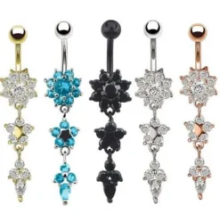 Kolczyk do pępka długi srebrny z niebieskimi cyrkoniami - KP-054