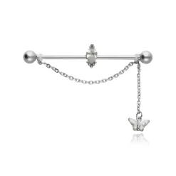 Kolczyk industrial z motylkiem i białymi cyrkoniami - srebrny - IND-008