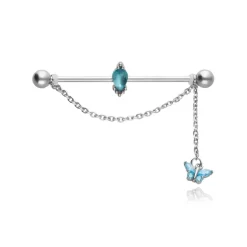 Kolczyk industrial z motylkiem i niebieskimi cyrkoniami - srebrny - IND-008