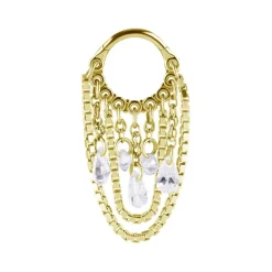 Kolczyk kółko clicker z łańcuszkami i białymi cyrkoniami - złoty - K-034