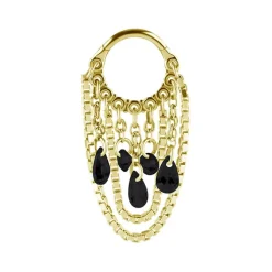 Kolczyk kółko clicker z łańcuszkami i czarnymi cyrkoniami - złoty - K-034