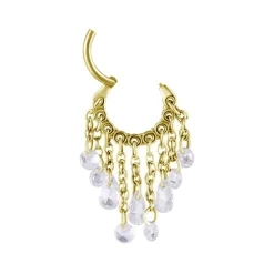 Kolczyk kółko clicker z łańcuszkami i białymi cyrkoniami - złoty - K-065