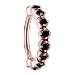 Kolczyk kółko clicker z czarnymi cyrkoniami - różowe złoto - K-006