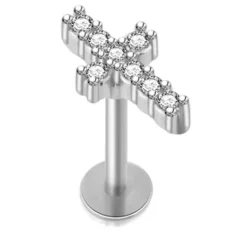 Kolczyk labret - krzyż z białymi kryształkami srebrny - LGW-035