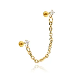 Kolczyk labret cyrkonie z łańcuszkiem - złoty - LGW-043