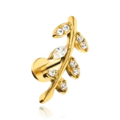 Kolczyk typu labret - złote listki z białymi cyrkoniami - LGW-021