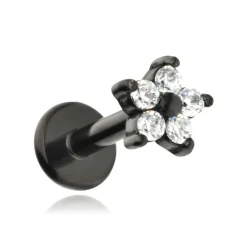 Labret czarny kwiat z białymi cyrkoniami - LGW-011