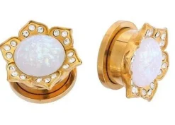 Plug - złoty z opalizującym kwiatem oraz cyrkoniamii - PT-050