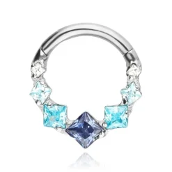 Tytanowy kolczyk clicker z niebieskimi cyrkoniami - srebrny - TK-099