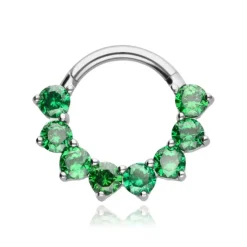 Tytanowy kolczyk clicker z zielonymi cyrkoniami - srebrny - TK-032