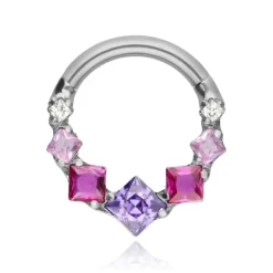 Tytanowy kolczyk clicker z różowymi cyrkoniami - srebrny - TK-099