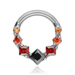 Tytanowy kolczyk clicker z czerwonymi cyrkoniami - srebrny - TK-099