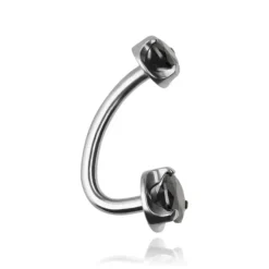 Tytanowy kolczyk do pępka L-shape - srebrny z czarnymi cyrkoniami - TPP-043