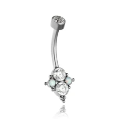 Tytanowy kolczyk do pępka z białymi cyrkoniami oraz opalem - TPP-026