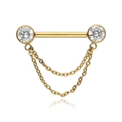 Tytanowy kolczyk do sutka z białymi cyrkoniami i łańcuszkiem - złoty - TI-005
