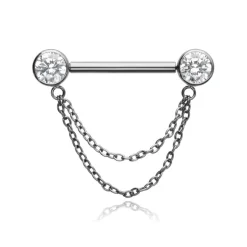 Tytanowy kolczyk do sutka z białymi cyrkoniami i łańcuszkiem - srebrny - TI-005