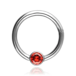 Tytanowy kolczyk kółko BCR clicker z czerwoną cyrkonią - srebrny - TK-080