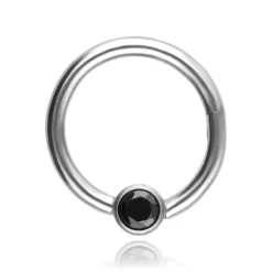 Tytanowy kolczyk kółko BCR clicker z czarną cyrkonią - srebrny - TK-080