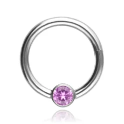Tytanowy kolczyk kółko BCR clicker z różową cyrkonią - srebrny - TK-080