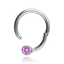 Tytanowy kolczyk kółko BCR clicker z różową cyrkonią - srebrny - TK-080
