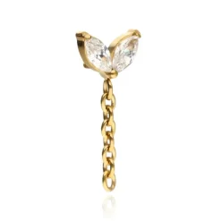 Tytanowy kolczyk labret z białymi cyrkoniami i łańcuszkami - złoty