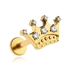 Tytanowy kolczyk labret - korona z białymi cyrkoniami - złoty - TGW-146