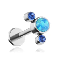 Tytanowy kolczyk labret z niebieskim opalem OP05 i granatowymi kryształkami - srebrny