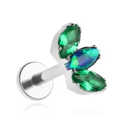 Tytanowy kolczyk labret - zielone cyrkonie i opal - srebrny - TGW-004