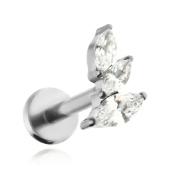 Tytanowy kolczyk labret z białymi cyrkoniami lewy - srebrny