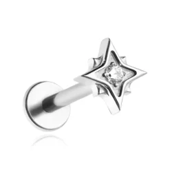 Tytanowy kolczyk labret gwiazda z białą cyrkonią - srebrny