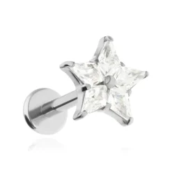 Tytanowy kolczyk labret gwiazda z białą cyrkonią - srebrny