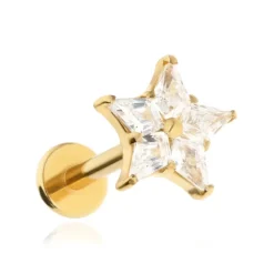 Tytanowy kolczyk labret gwiazda z białą cyrkonią - złoty