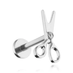 Tytanowy kolczyk labret nożyczki z białą cyrkonią - srebrne