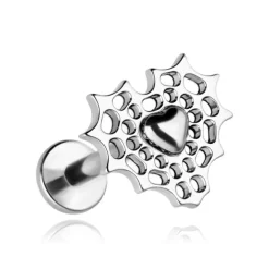 Tytanowy kolczyk labret pajęczyna serce - srebrny - TGW-148