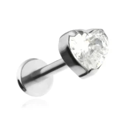 Tytanowy kolczyk labret serce z białą cyrkonią - srebrny