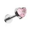 Tytanowy kolczyk labret serce z różową cyrkonią - srebrny