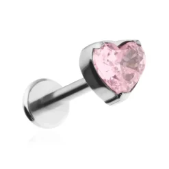 Tytanowy kolczyk labret serce z różową cyrkonią - srebrny