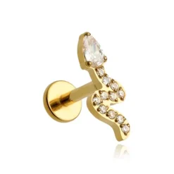 Tytanowy kolczyk labret złoty wąż z białymi cyrkoniami - TGW-113