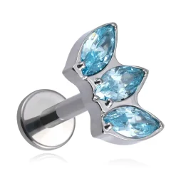 Tytanowy kolczyk labret z niebieskimi cyrkoniami - srebrny