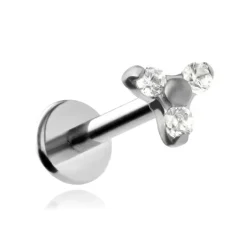 Tytanowy kolczyk labret z trzema białymi cyrkoniami