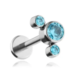 Tytanowy kolczyk labret z niebieskimi cyrkoniami - srebrny
