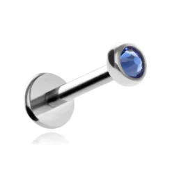 Tytanowy kolczyk labret z granatowym kryształkiem premium - srebrny