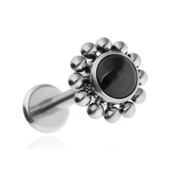 Tytanowy kolczyk labret z czarnym Agatem - srebrny